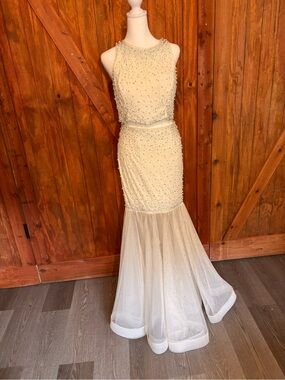 Ivory Beaded Pearl-Embellished Formal Dress